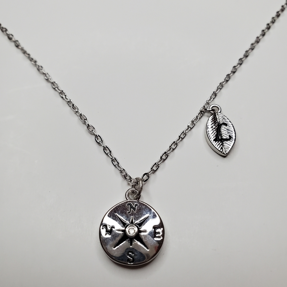 Necklace with Compass Charm and a Feather with Initial L